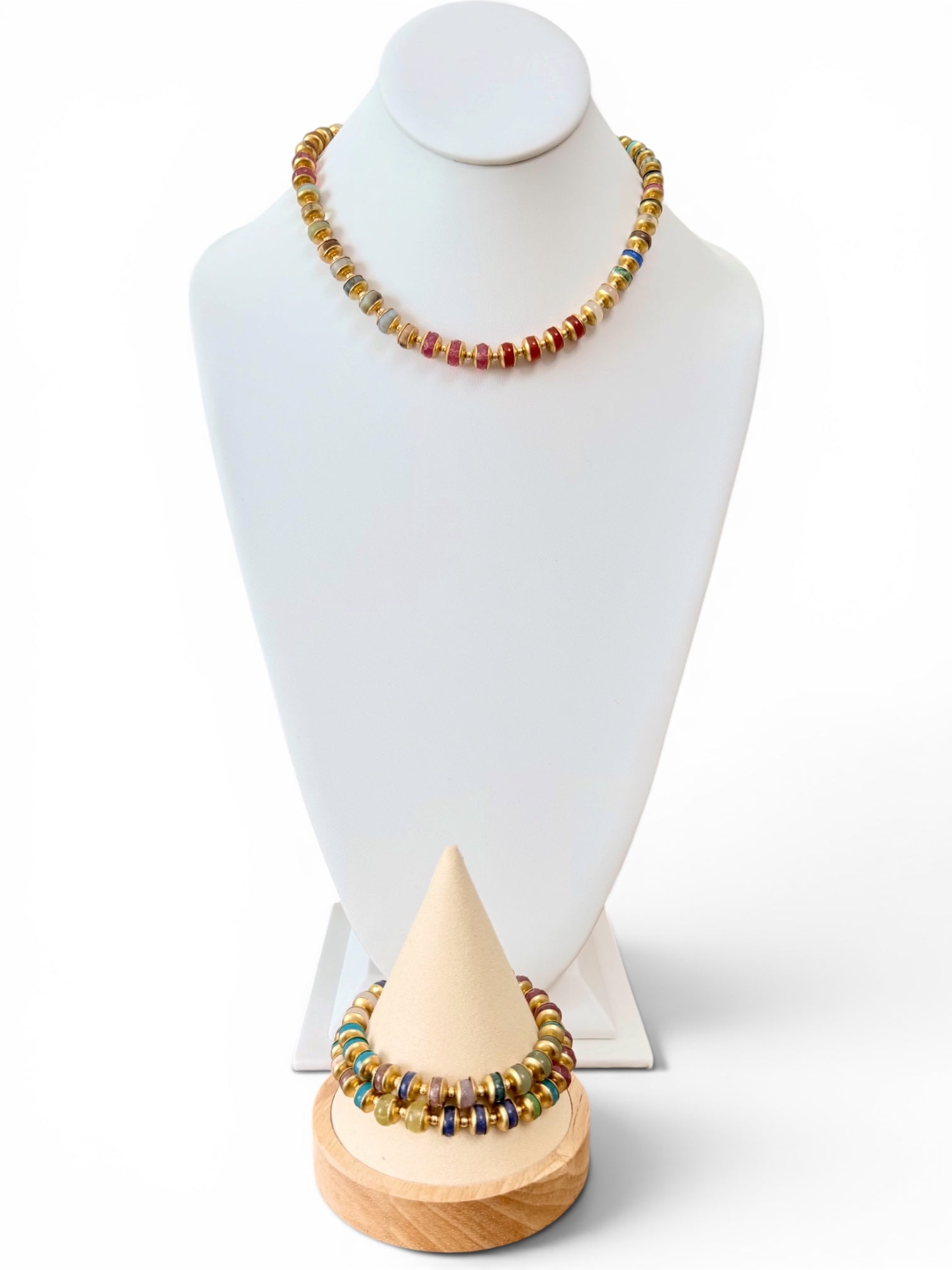 Gathered Joy Necklace: Mixed Gemstones with solid brass & gold spacer bead accents OOAK