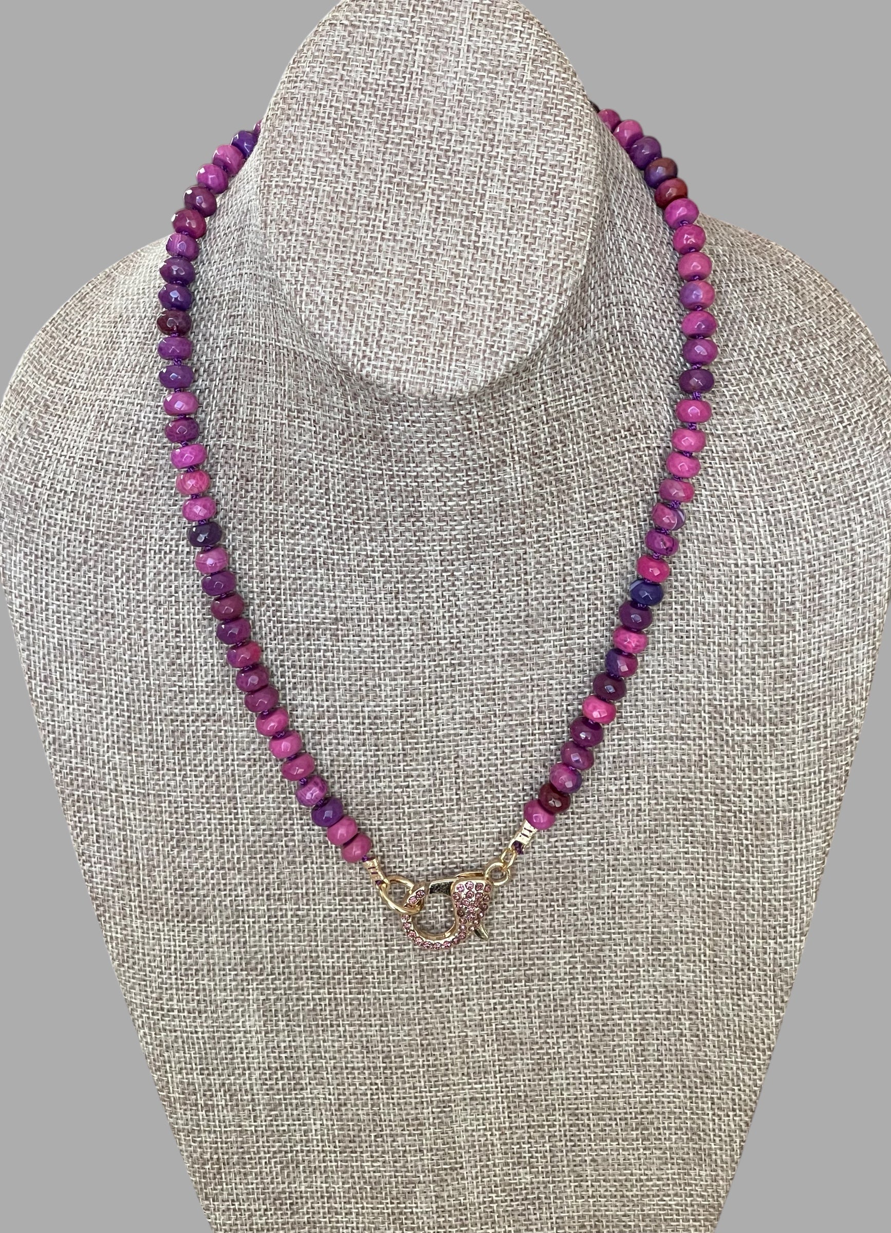 Cascadia Bloom Necklace: 2 Options- Dyed Agate faceted beads Hand knotted on silk, one w/ hot pink silk and hot pink pavé clasp and the other on purple silk w/ purple pavé clasp