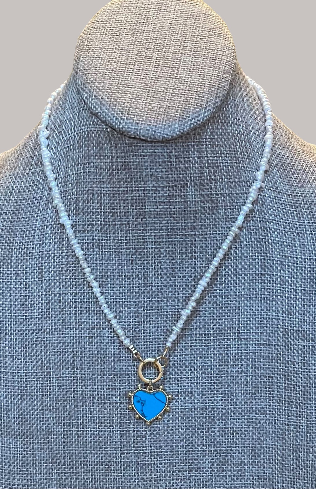 The Azure Heart Necklace: Petite rustic freshwater pearls, gold and turquoise clasp/charm holder Adorable faux turquoise heart charm OOAK