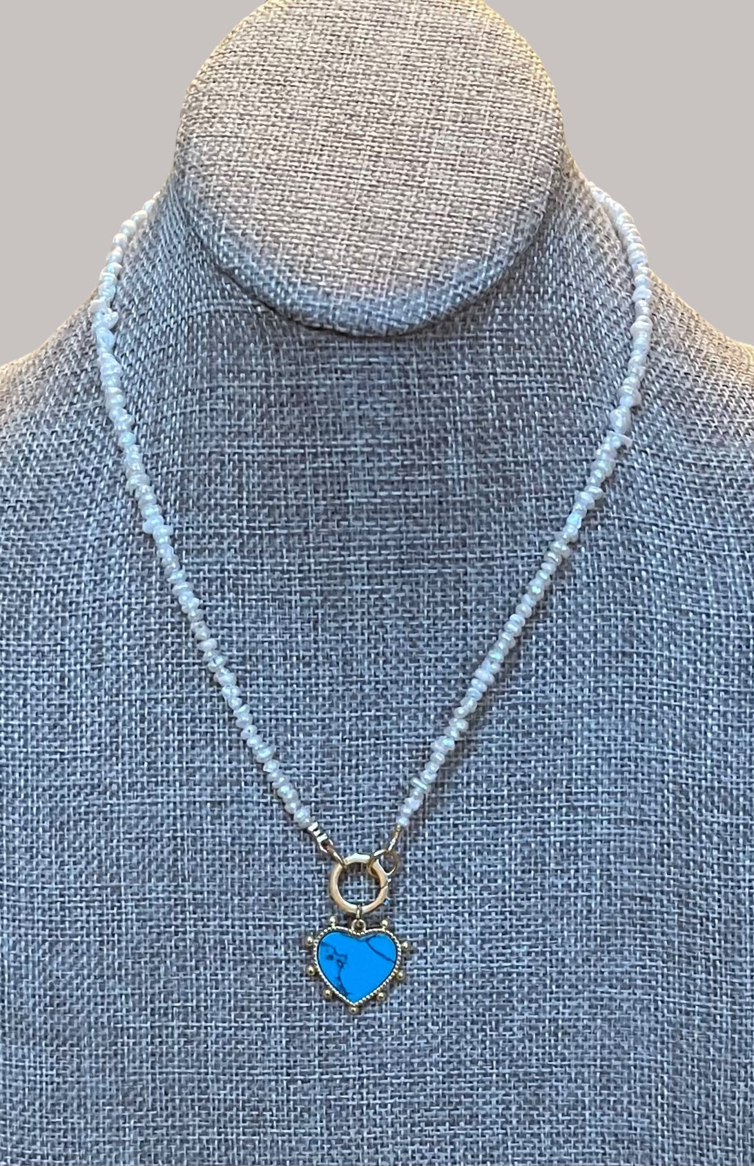 The Azure Heart Necklace: Petite rustic freshwater pearls, gold and turquoise clasp/charm holder Adorable faux turquoise heart charm OOAK
