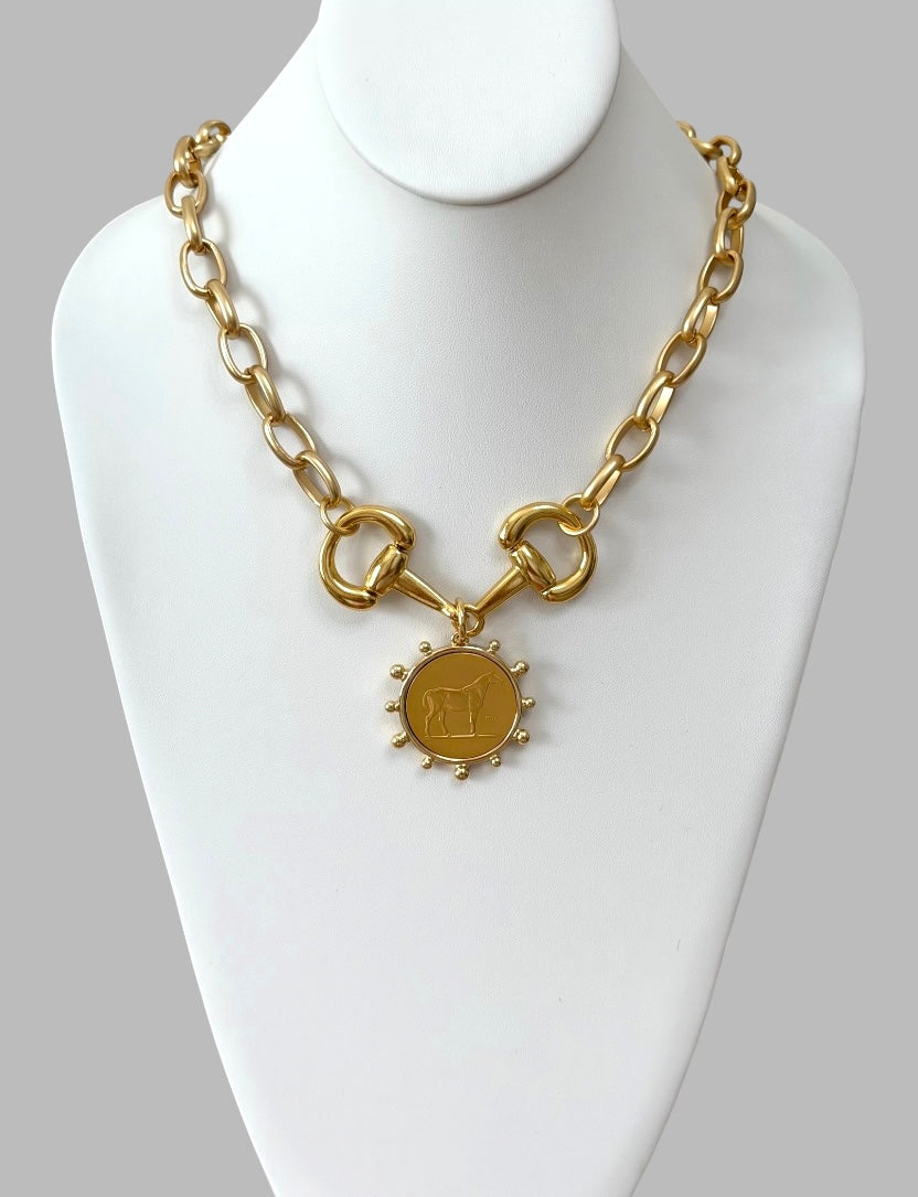Bit of Gold: Matte and Shiny Gold Necklace with Horse Medallion OOAK