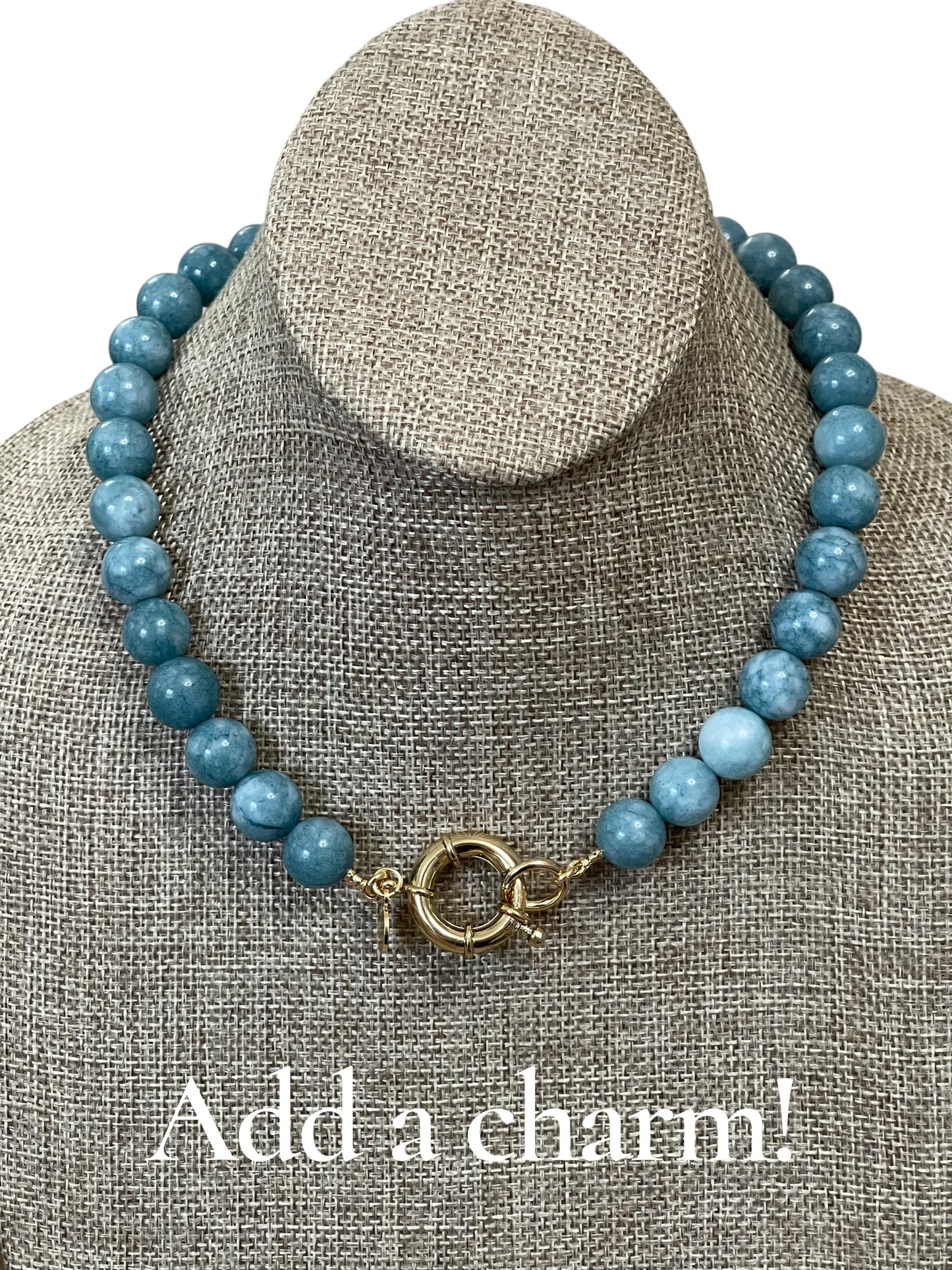 Blue Haven Necklace: Blue Jade gemstone 12mm beads Gold Nautical clasp OOAK