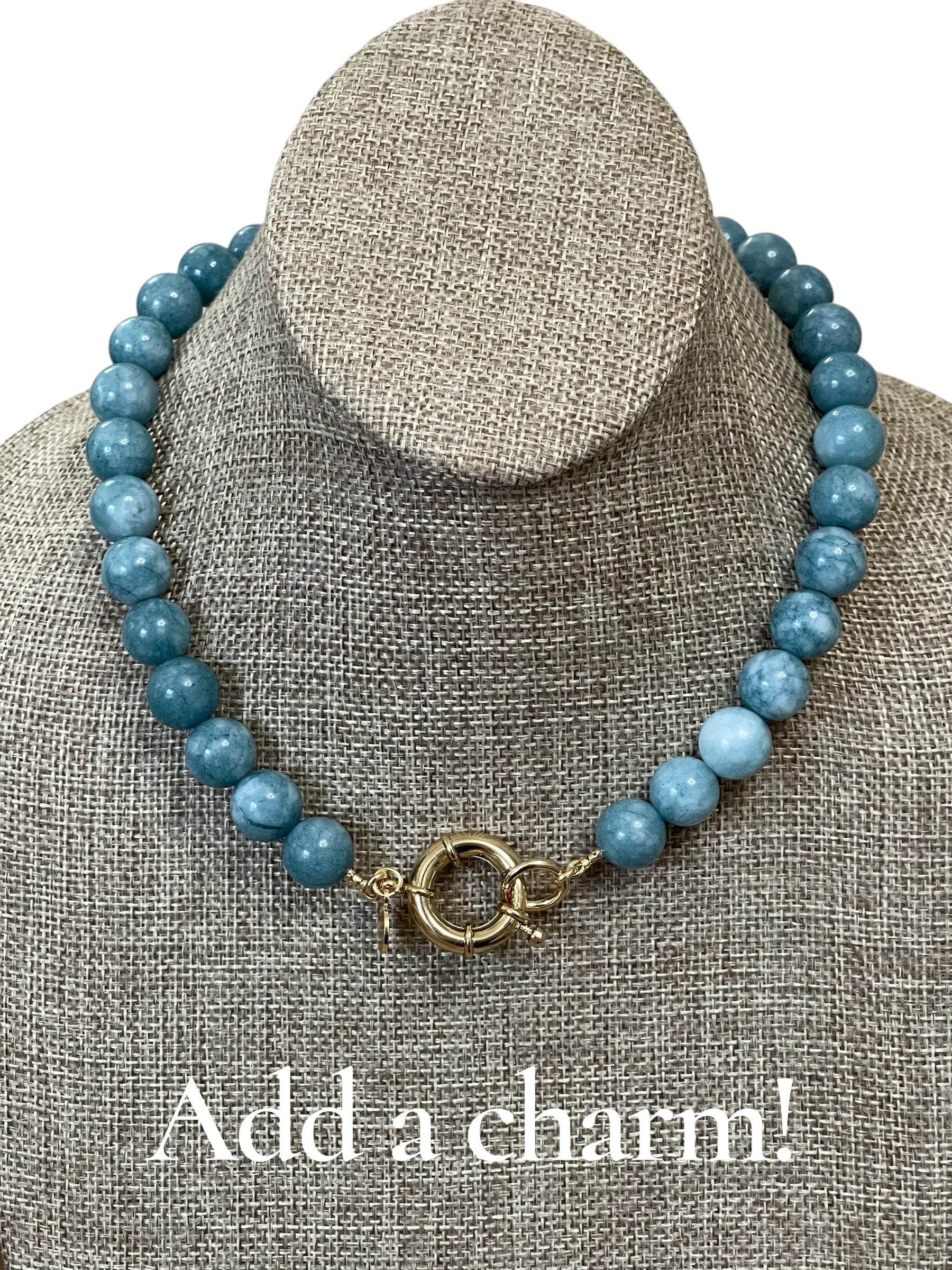Blue Haven Necklace: Blue Jade gemstone 12mm beads Gold Nautical clasp OOAK