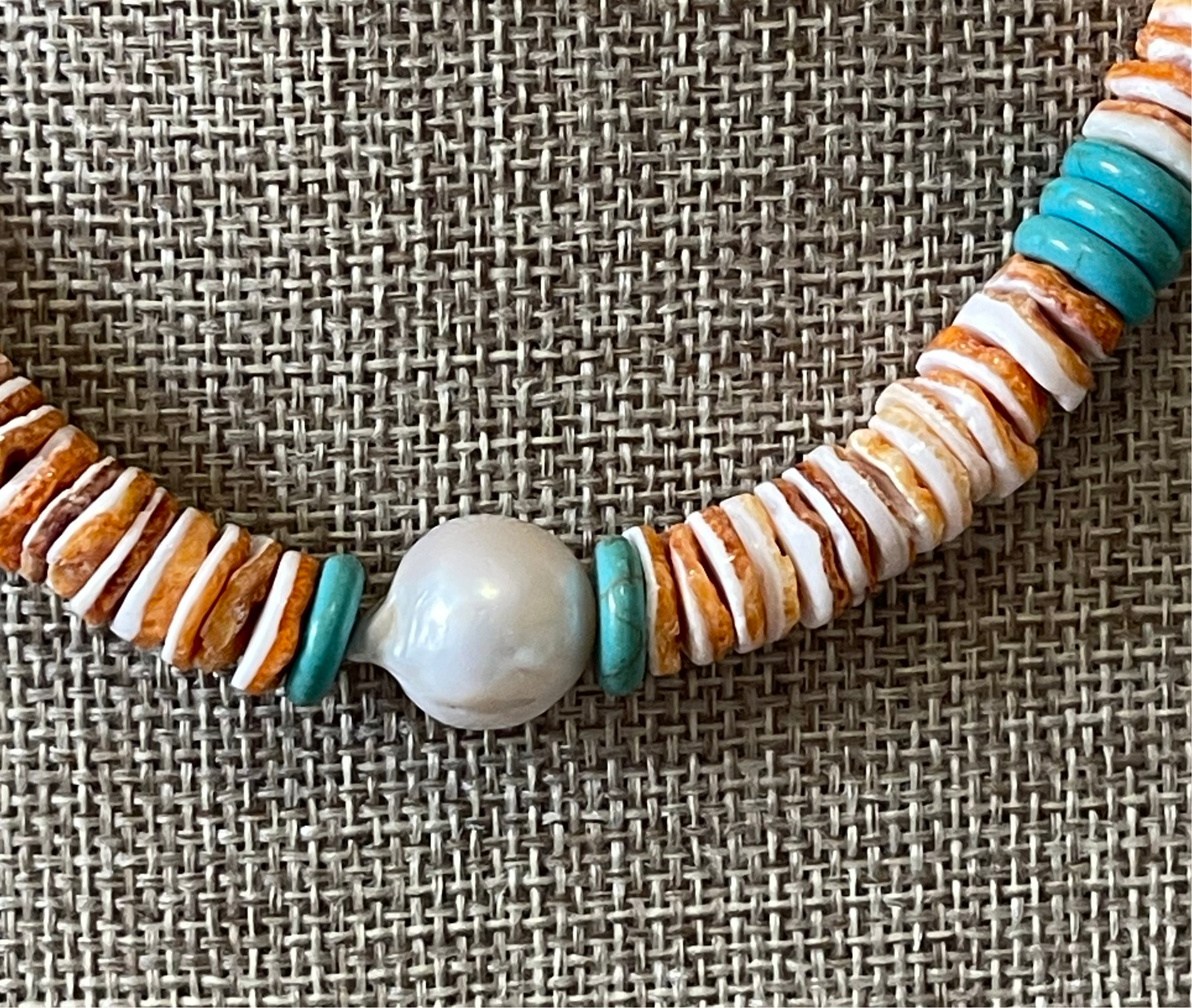 Baja Surf Necklace: Spiny Oyster Shell w Tuquoise (Howlite) and a Baroque Pearl Gold or Silver Clasp