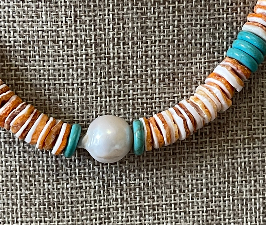 Baja Surf Necklace: Spiny Oyster Shell w Tuquoise (Howlite) and a Baroque Pearl Gold or Silver Clasp