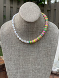 Double Take Necklace: Freshwater Pearls Meet Fun Bright Phono Vinyl Beads Gold Clasp & Extender