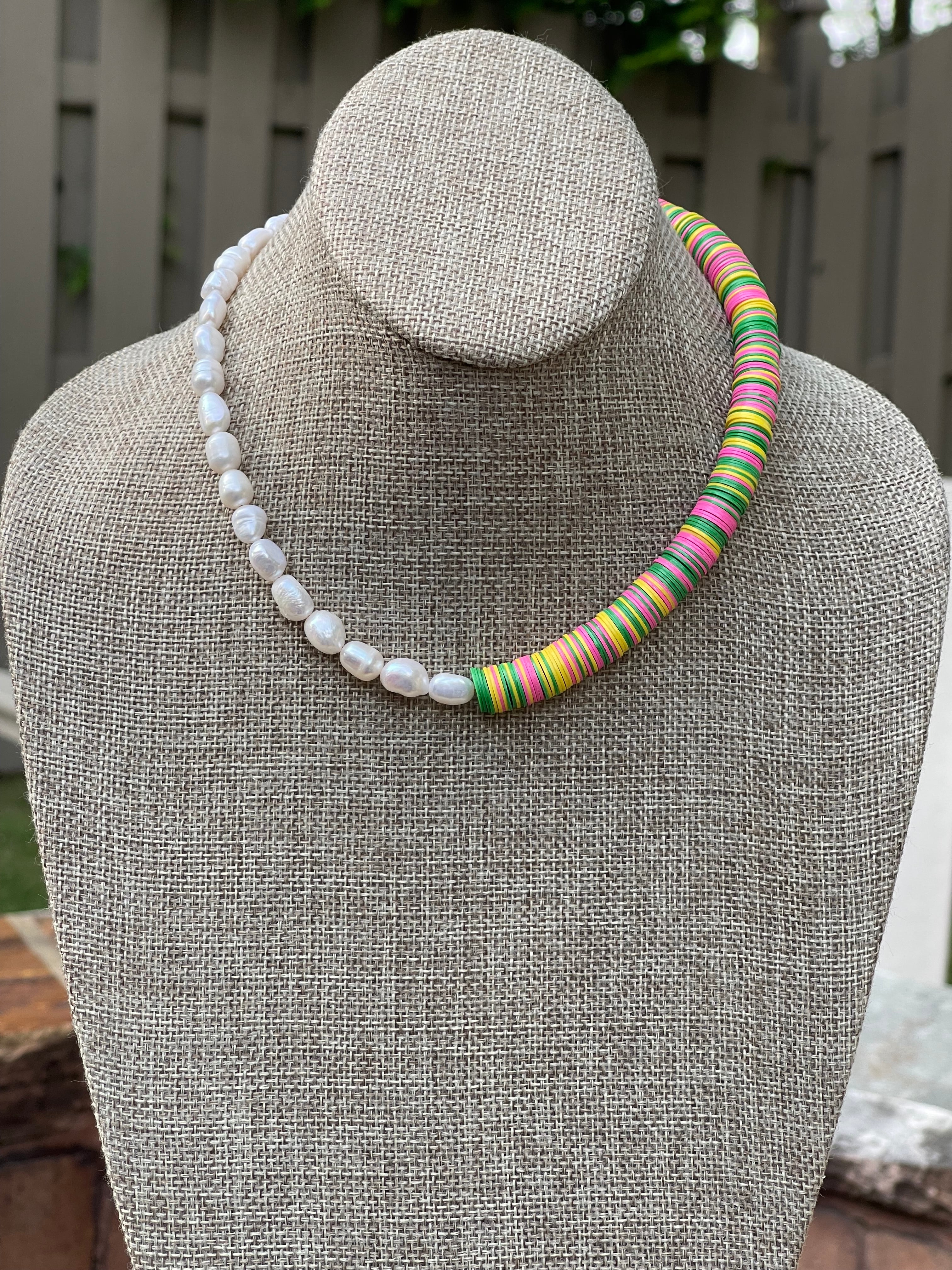 Double Take Necklace: Freshwater Pearls Meet Fun Bright Phono Vinyl Beads Gold Clasp & Extender