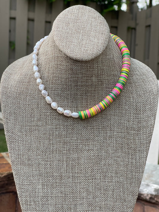 Double Take Necklace: Freshwater Pearls Meet Fun Bright Phono Vinyl Beads Gold Clasp & Extender