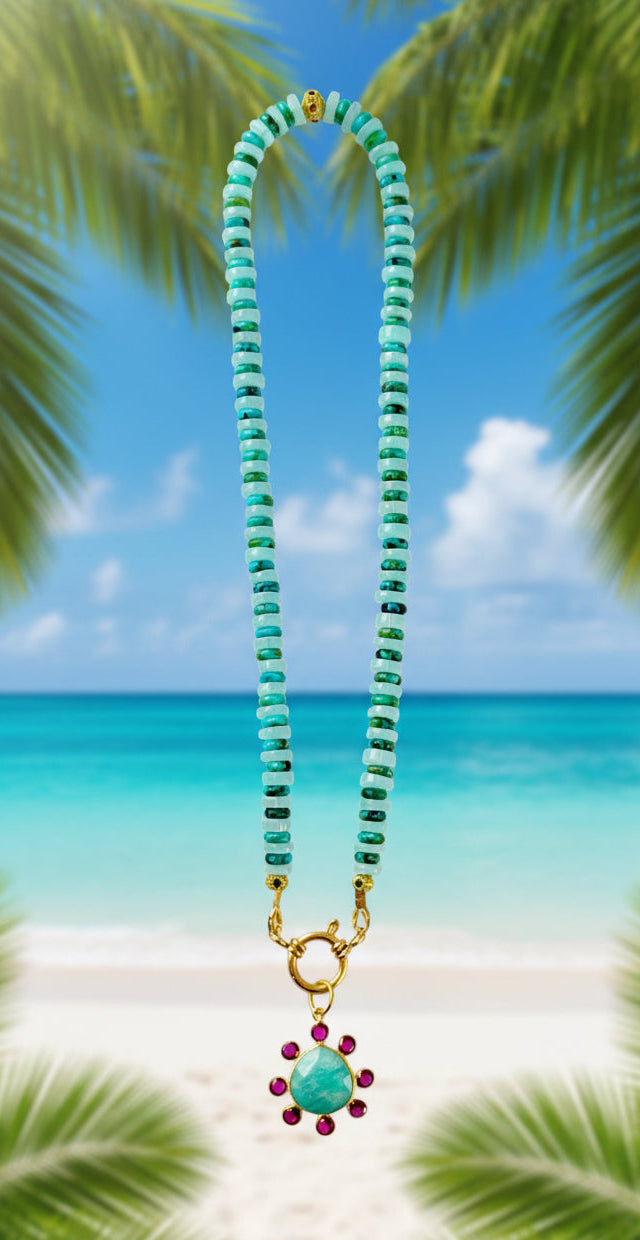 The Island Bloom Necklace: Aquamarine and Green Turquoise w/ an Amazonite pendant OOAK