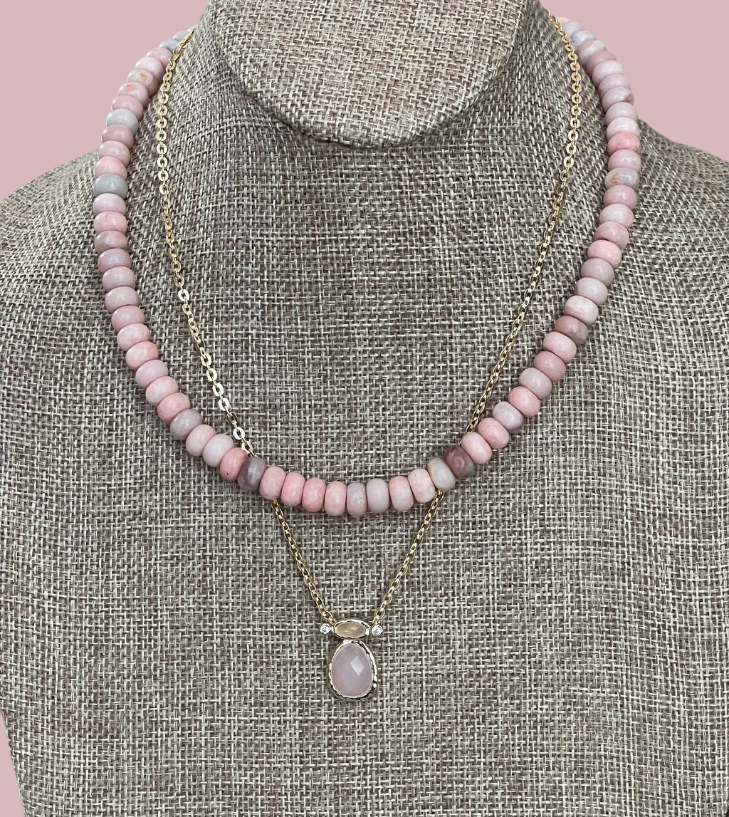 The Chic Pink Set: Matte pink opals with a gold charm holder clasp & a gold filled chain w a pink crystal and CZ charm OOAK