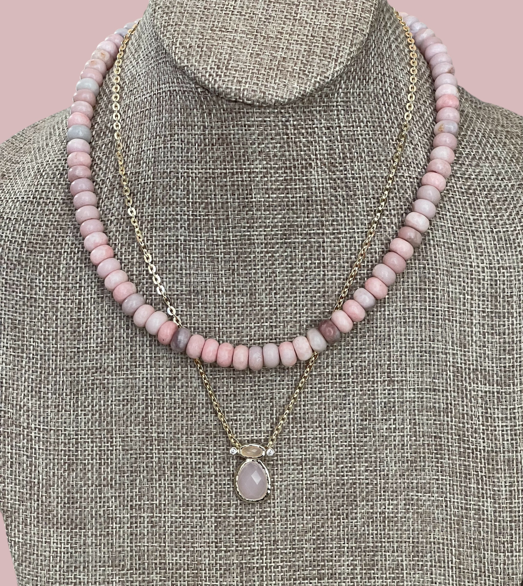 The Chic Pink Set: Matte pink opals with a gold charm holder clasp & a gold filled chain w a pink crystal and CZ charm OOAK