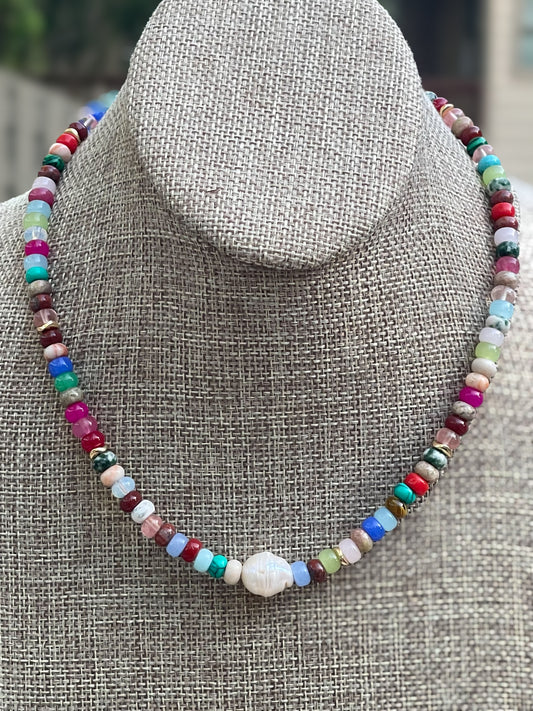 Joie Necklace: Colorful Mix of Natural Gemstones Gold Accent Beads and a Freshwater Baroque Pearl 2 Bead Size Options 6mm or 8mm