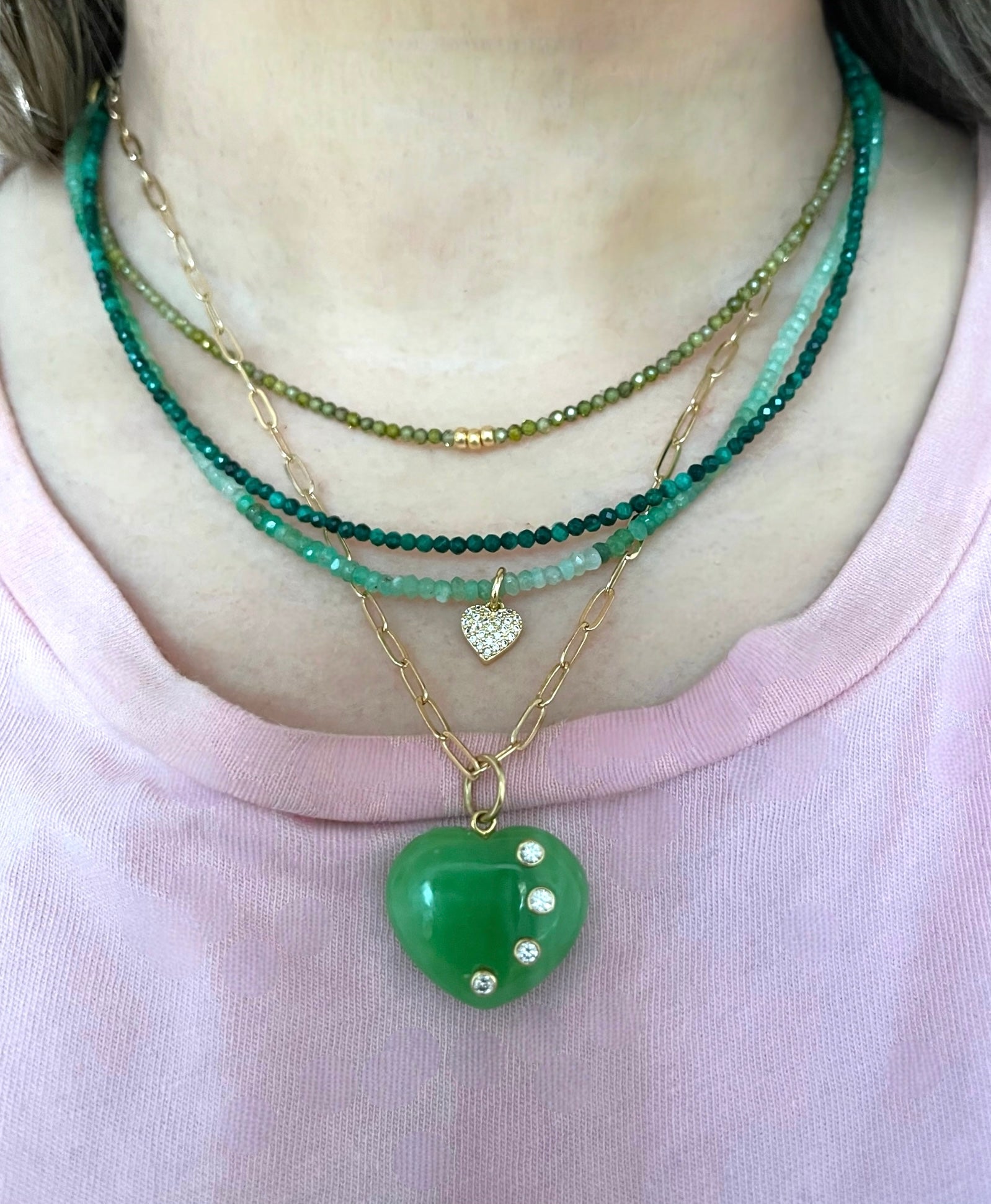 Chrysoprase Tiny Heart Skinnie: gradient Chrysoprase faceted 3mm beads Gold Pavé heart charm and gold clasp