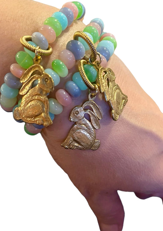 Easter Candy Opal Bracelet w Solid Brass Bunny Charm