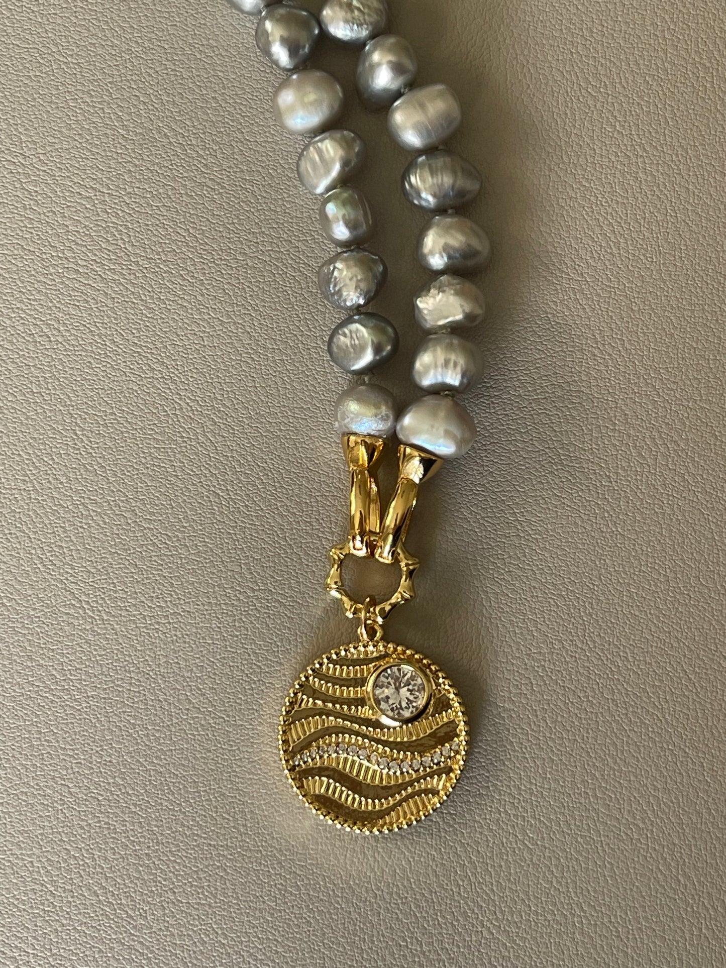 Sunny Day On The Ocean Necklace: One of a Kind Silver Gray Pearls Hand Knotted with Gold Filled Clasp and Charm