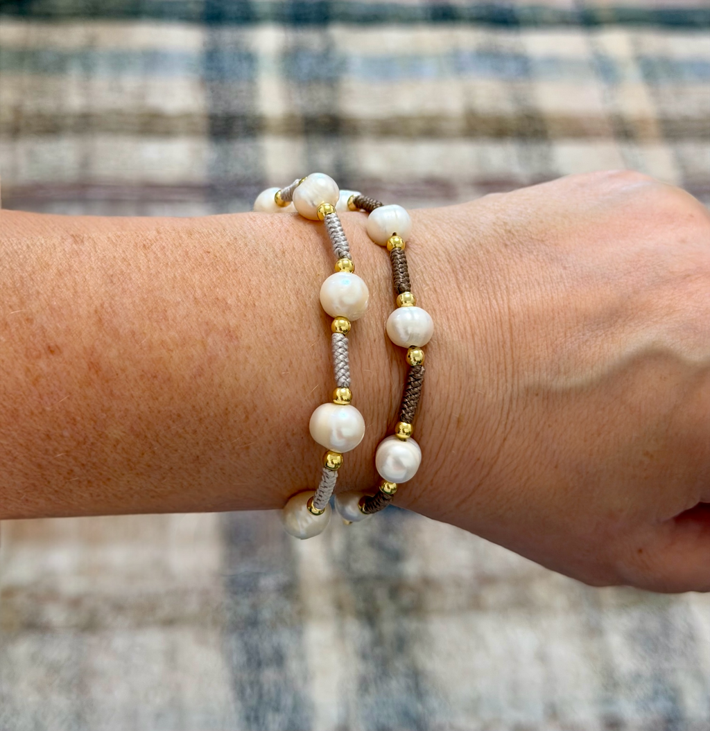 Quiet Luxury Bracelet: Freshwater Pearls, gold accents, hand woven and adjustable length