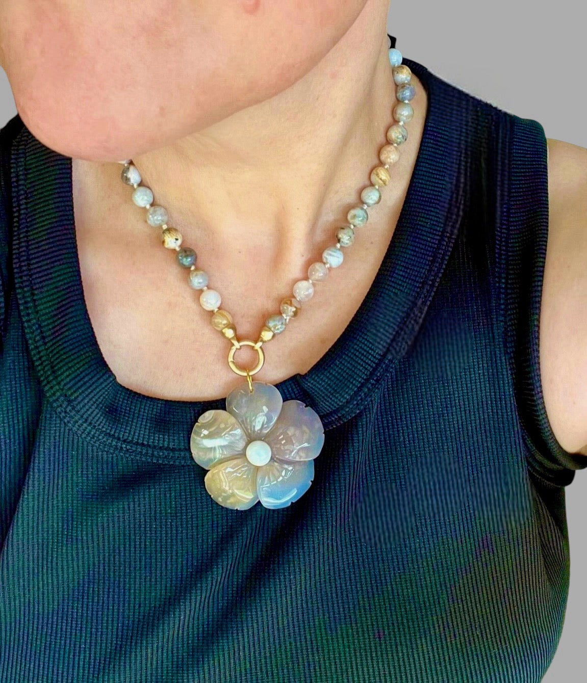 Waikiki Weekend Necklace: Bamboo Agate Hand Knotted w Flower Agate Hand Carved Pendant w Pearl