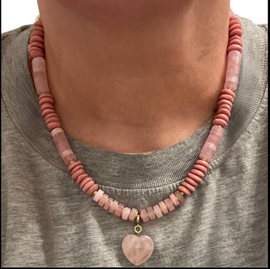 Blush Pink Rose Ashanti Necklace: African Ashanti glass saucer beads mixed with Rose Quartz beads and Rose Quartz heart pendant Brass/old accents OOAK