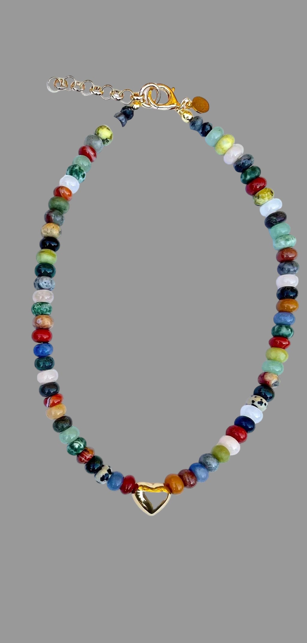 Colors of Love Necklace: Mixed Variety of Natural Stones with a Gold Heart Centerpiece