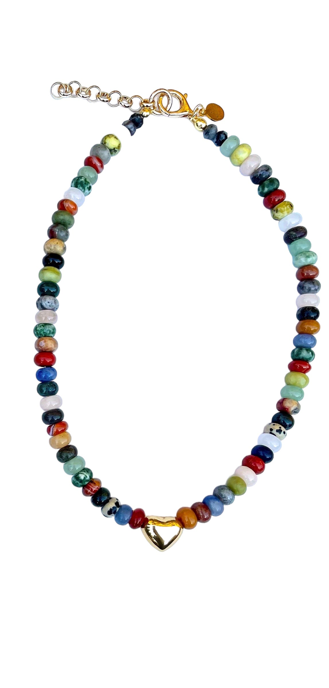 Colors of Love Necklace: Mixed Variety of Natural Stones with a Gold Heart Centerpiece