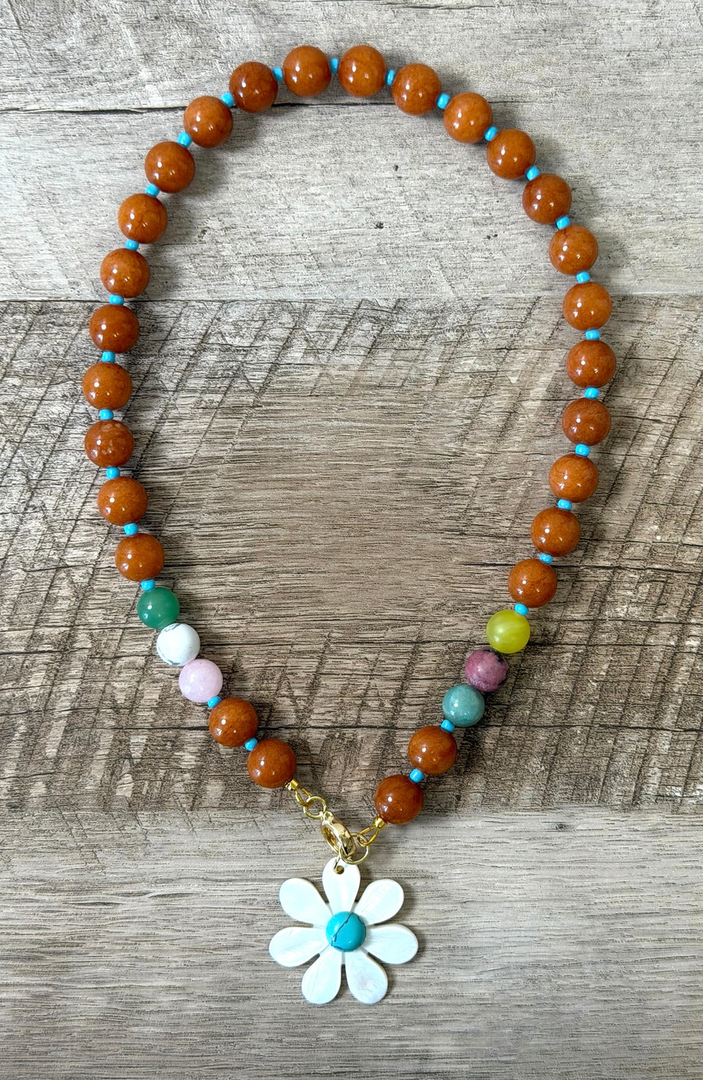 Autumn Wildflower: Deep orange Calcite beads Gemstone accent beads Mother of Pearl flower