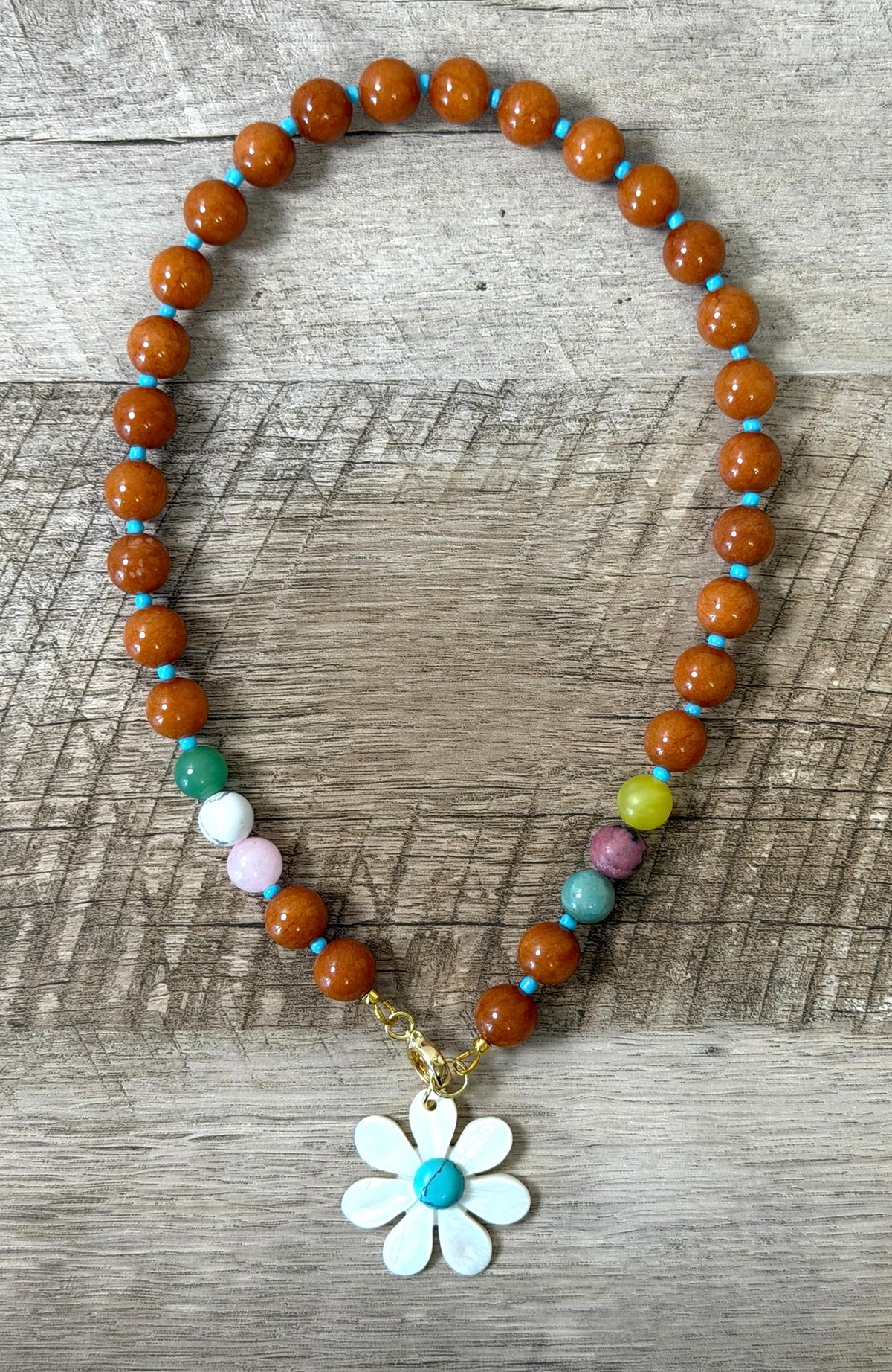 Autumn Wildflower: Deep orange Calcite beads Gemstone accent beads Mother of Pearl flower