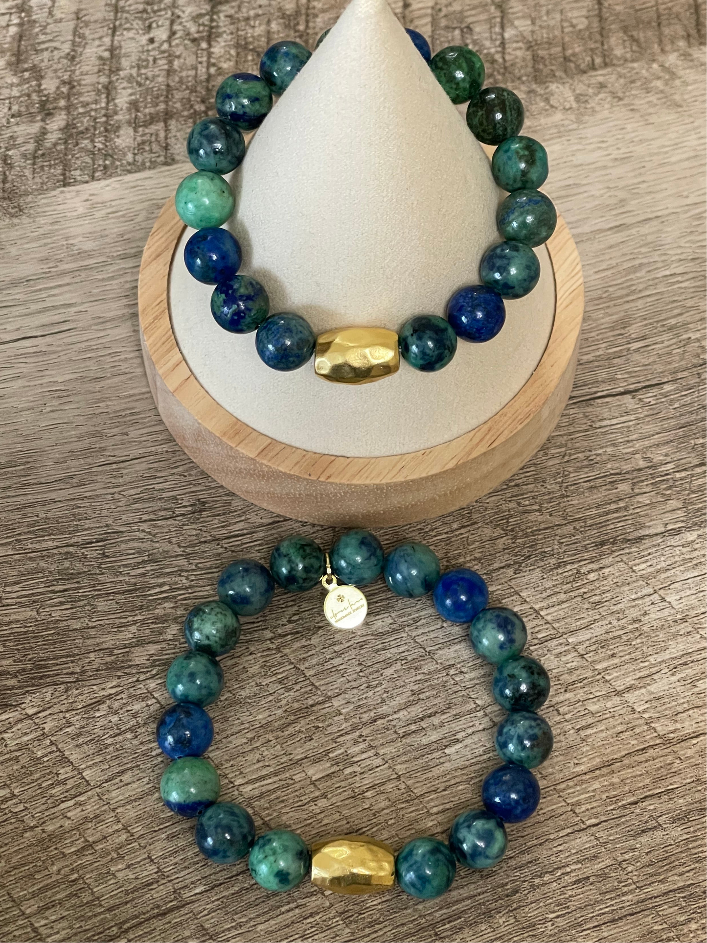 Barrel & Stone Bracelet: Azurite Chrysocholla Gemstone Stretch Bracelet with Gold hammered Artisan bead