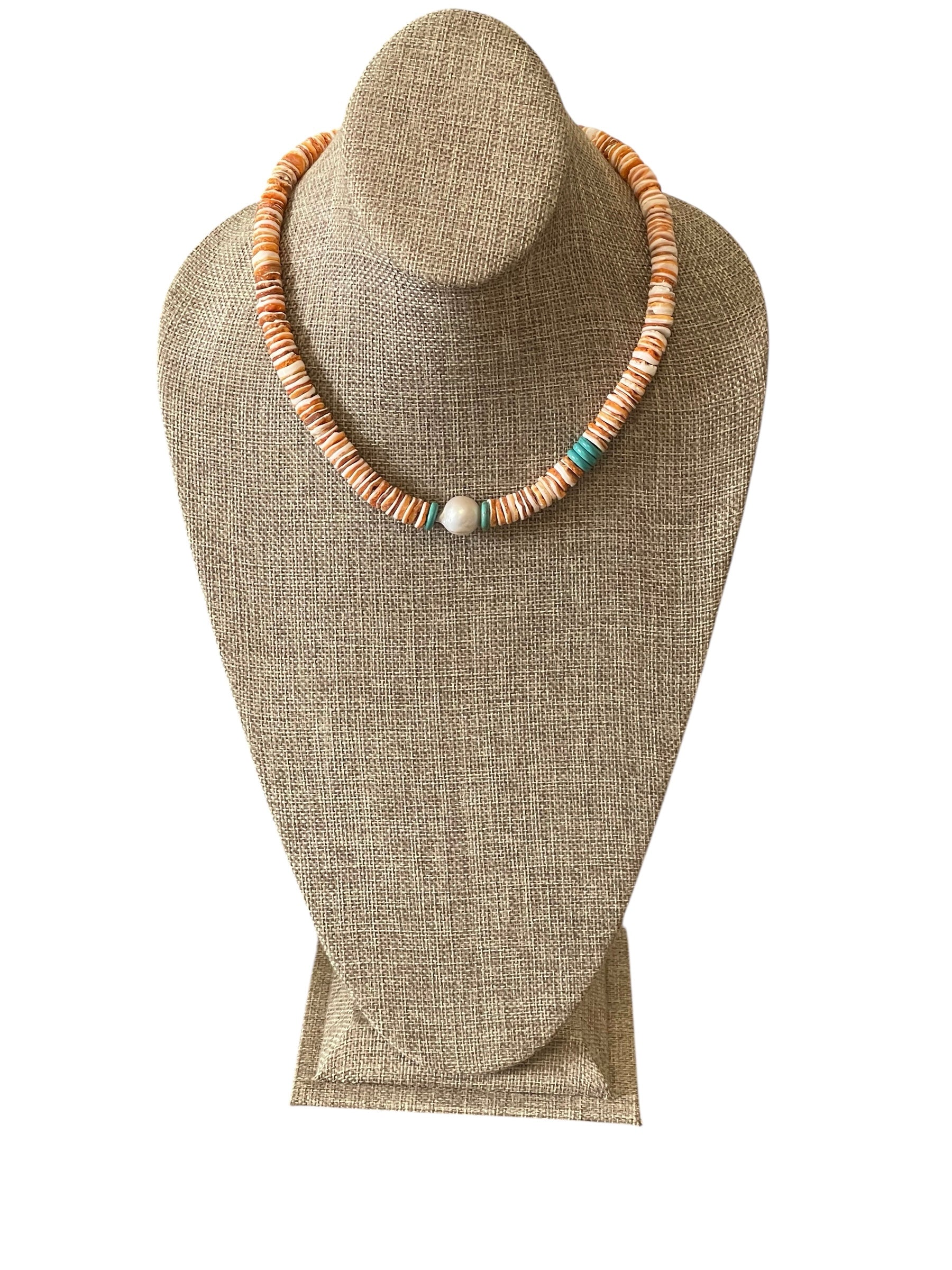 Baja Surf Necklace: Spiny Oyster Shell w Tuquoise (Howlite) and a Baroque Pearl Gold or Silver Clasp