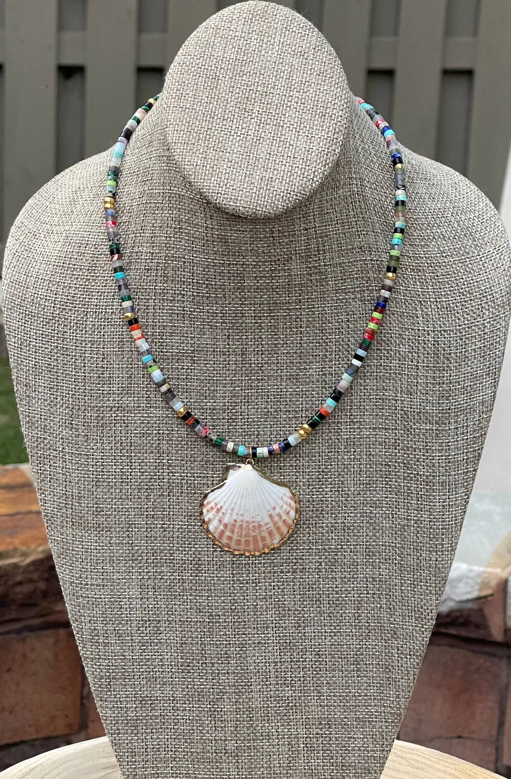 Multi Gem Seashell Necklace: Large variety of natural gemstone beads gold accents Natural seashell pendant