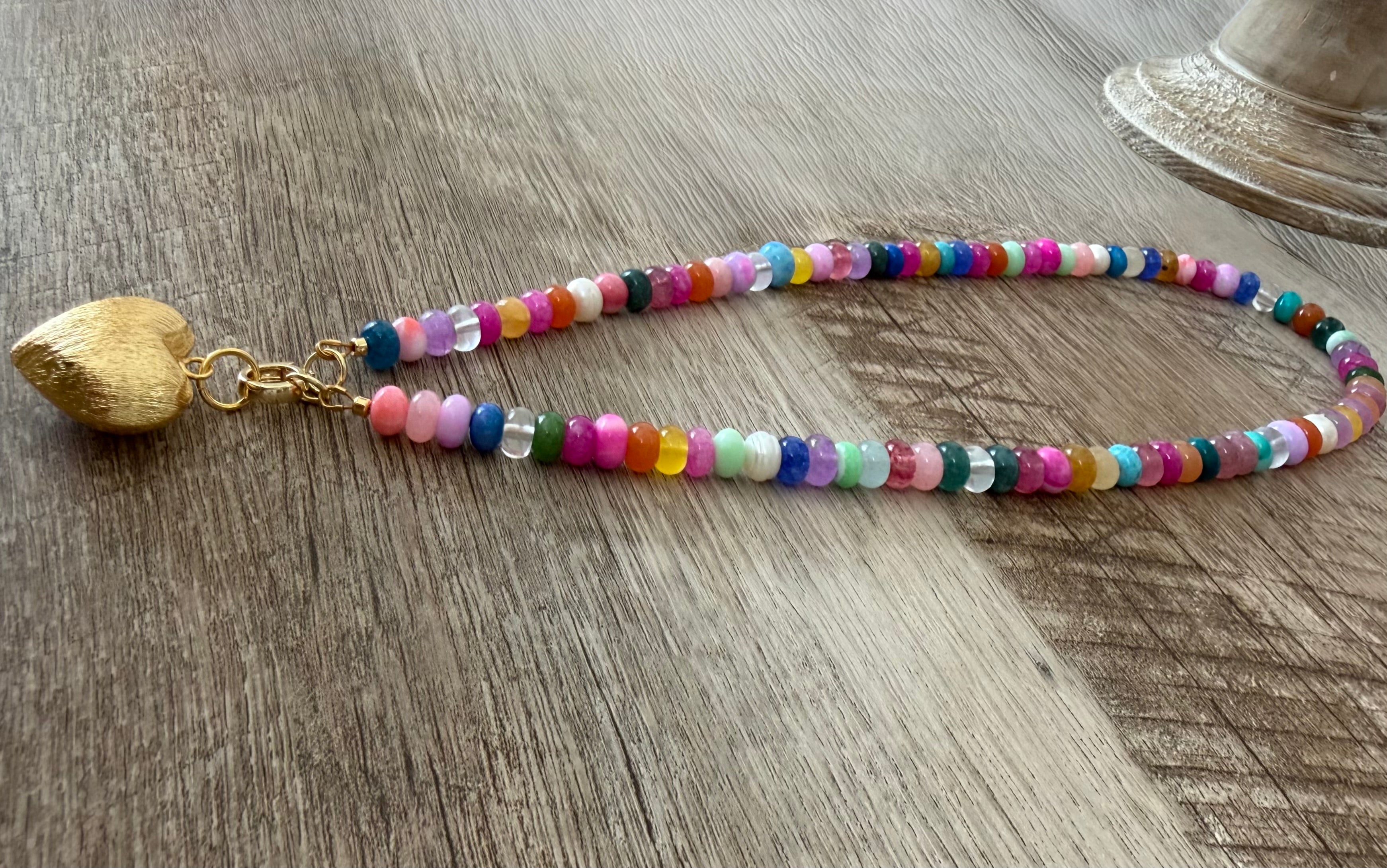 Colorful Claire Necklace: Mixed gemstones and a textured puffed heart pendant