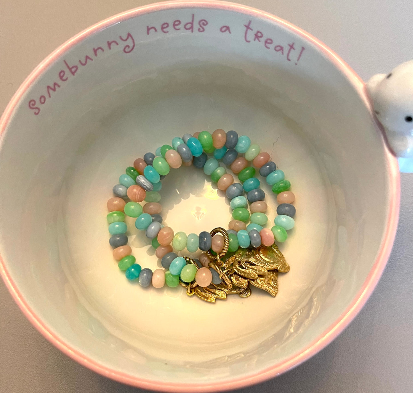 Easter Candy Opal Bracelet w Solid Brass Bunny Charm