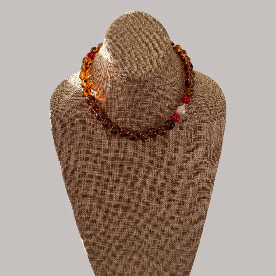 Tortoiseshell Holiday Collar: Resin beads with a natural Baroque Pearl and red glass beads Limited Edition