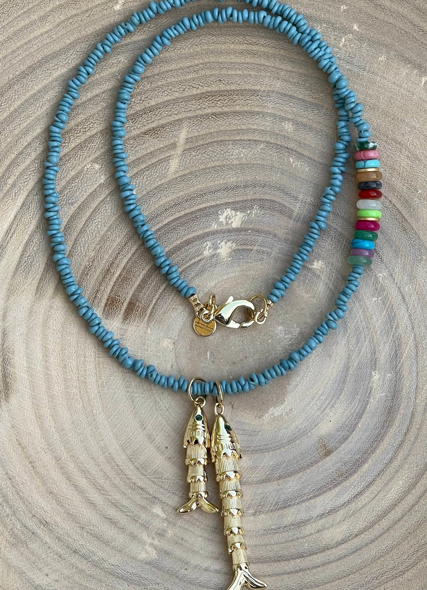 Gone Fishin’ Necklace: Indonesian Java  Beads (glass) Mixed Gemstone Accents Gold Fish Pendants
