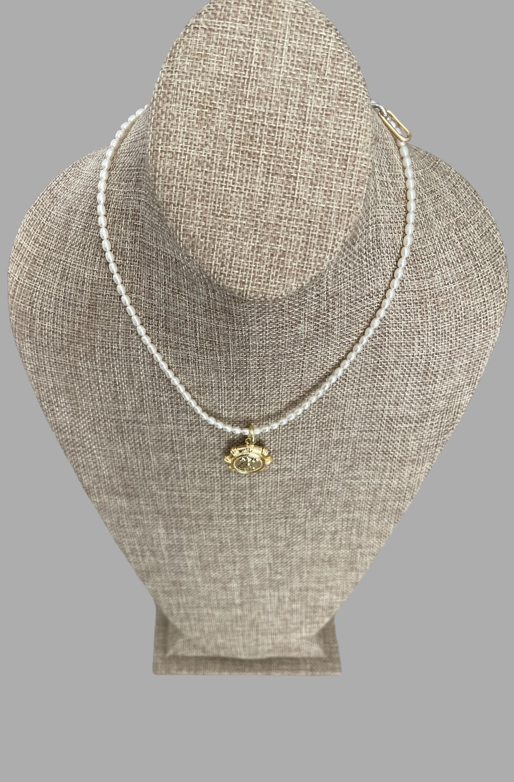 Bee Happy Necklace: Freshwater Pearls and a gold French bee coin replica pendant