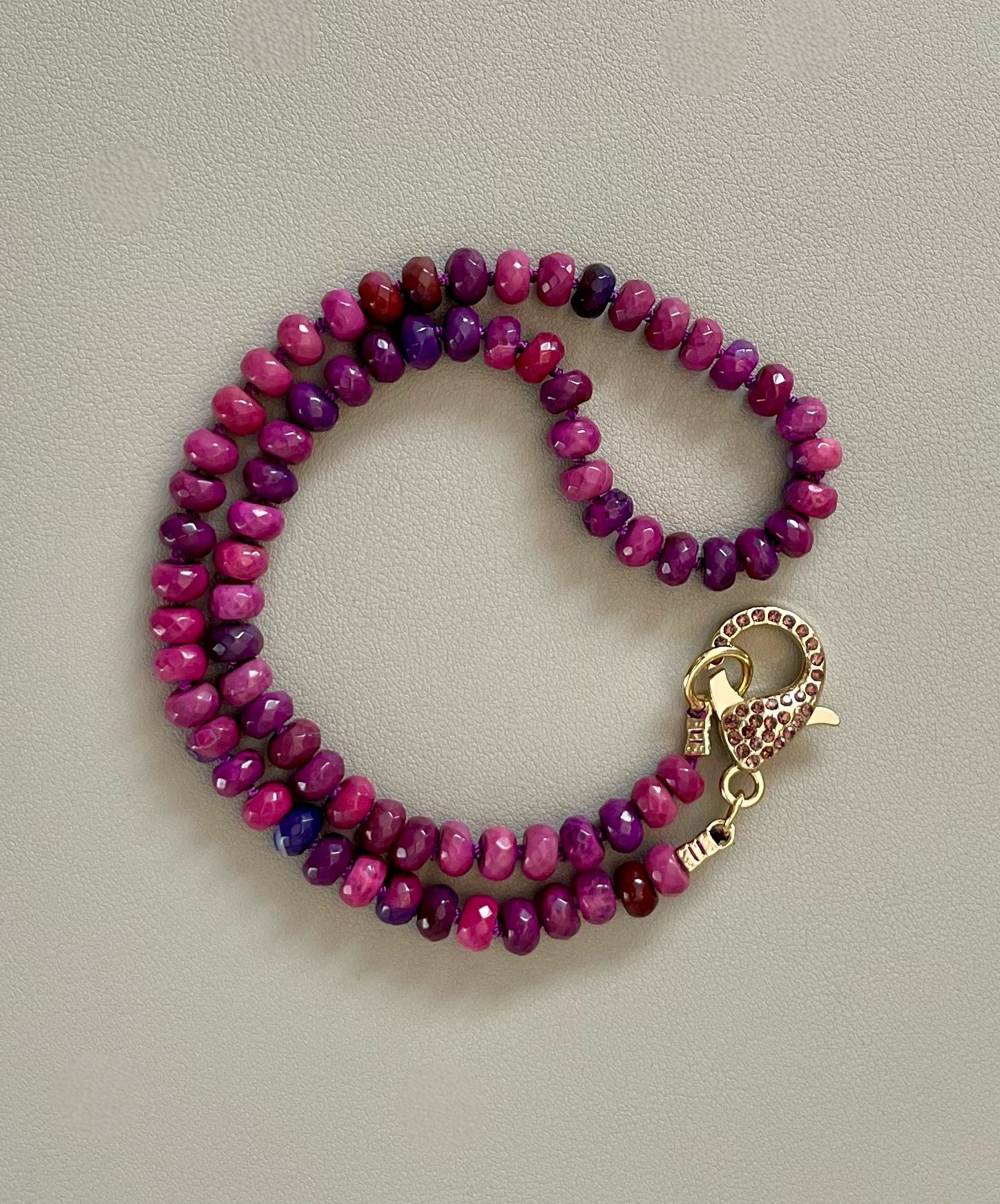 Cascadia Bloom Necklace: 2 Options- Dyed Agate faceted beads Hand knotted on silk, one w/ hot pink silk and hot pink pavé clasp and the other on purple silk w/ purple pavé clasp