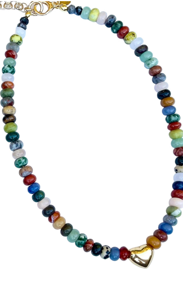 Colors of Love Necklace: Mixed Variety of Natural Stones with a Gold Heart Centerpiece