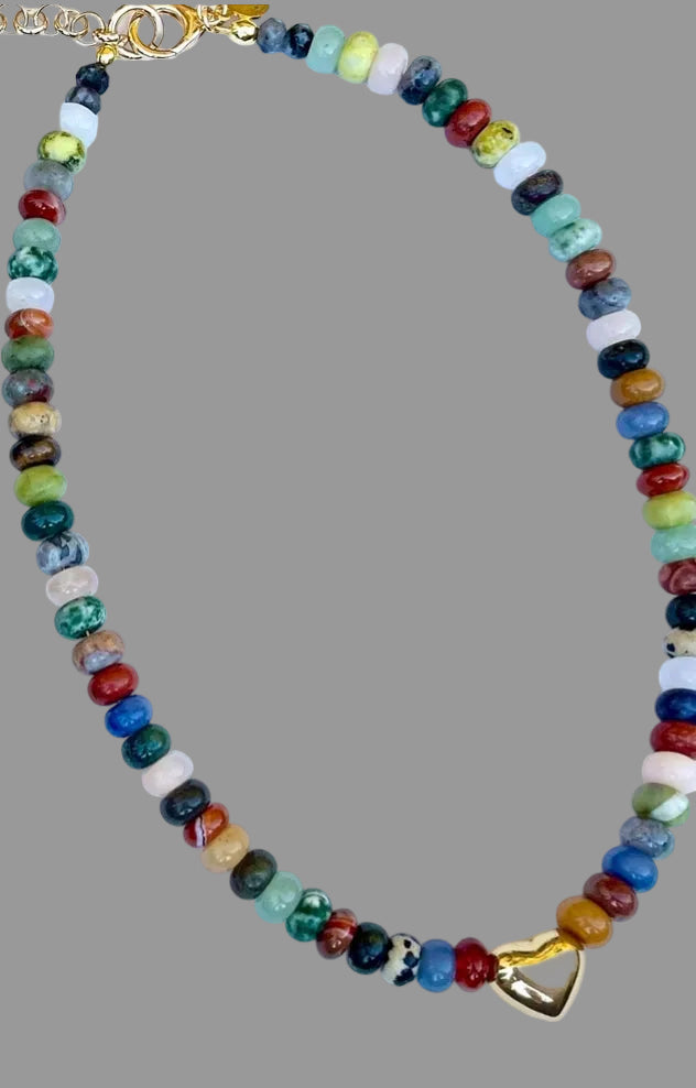 Colors of Love Necklace: Mixed Variety of Natural Stones with a Gold Heart Centerpiece