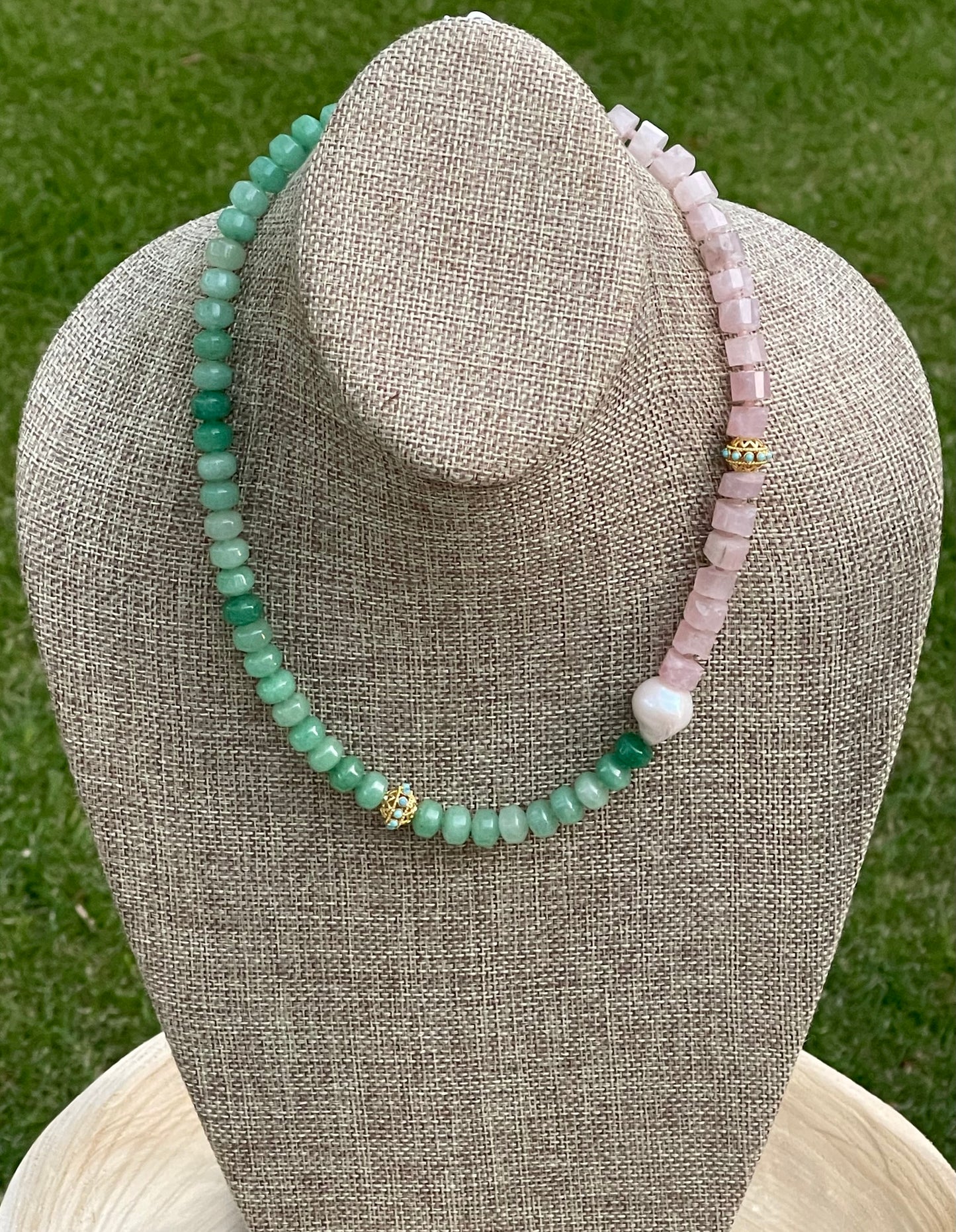 Garden Party OOAK Necklace: Green Aventurine, Rose Quartz, Genuine Baroque Pearl, Pop of Turquoise color in gold accent beads, Gold hook clasp