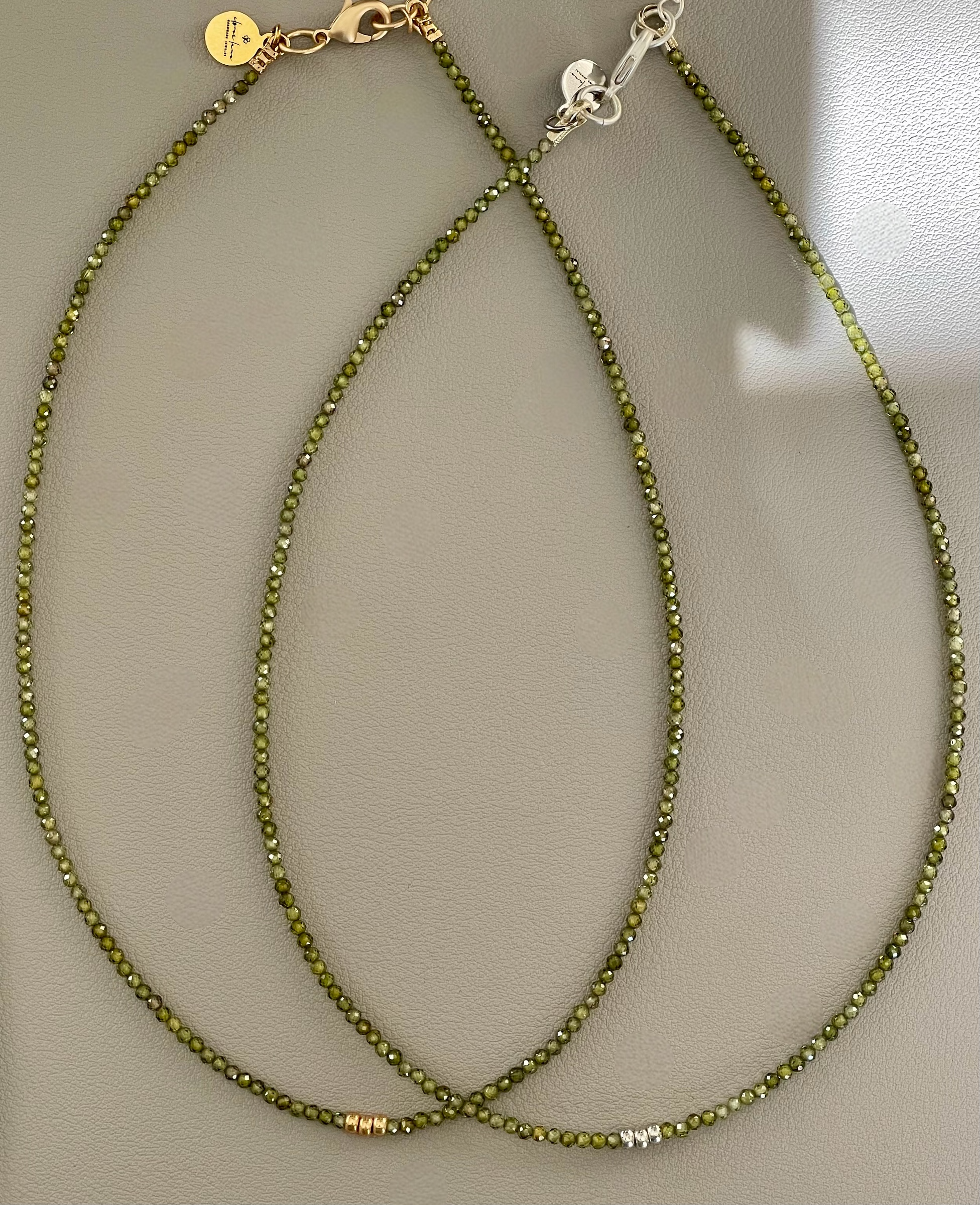 Green Zircon Skinnie: Olive Green Zircon beads with Gold or Silver accents