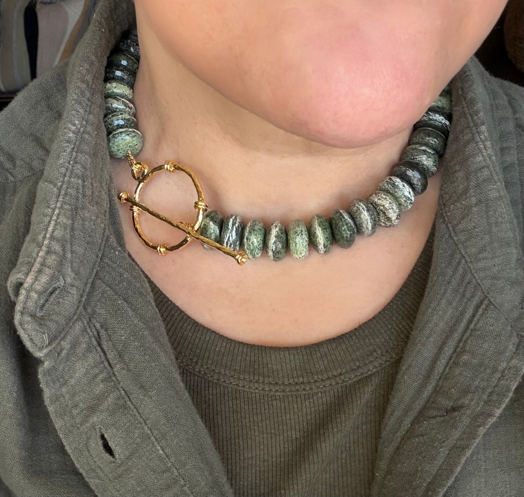 Brazilian Silver Leaf Serpentine Necklace: Stunning green gemstone beads•Oversized gold toggle clasp•OOAK