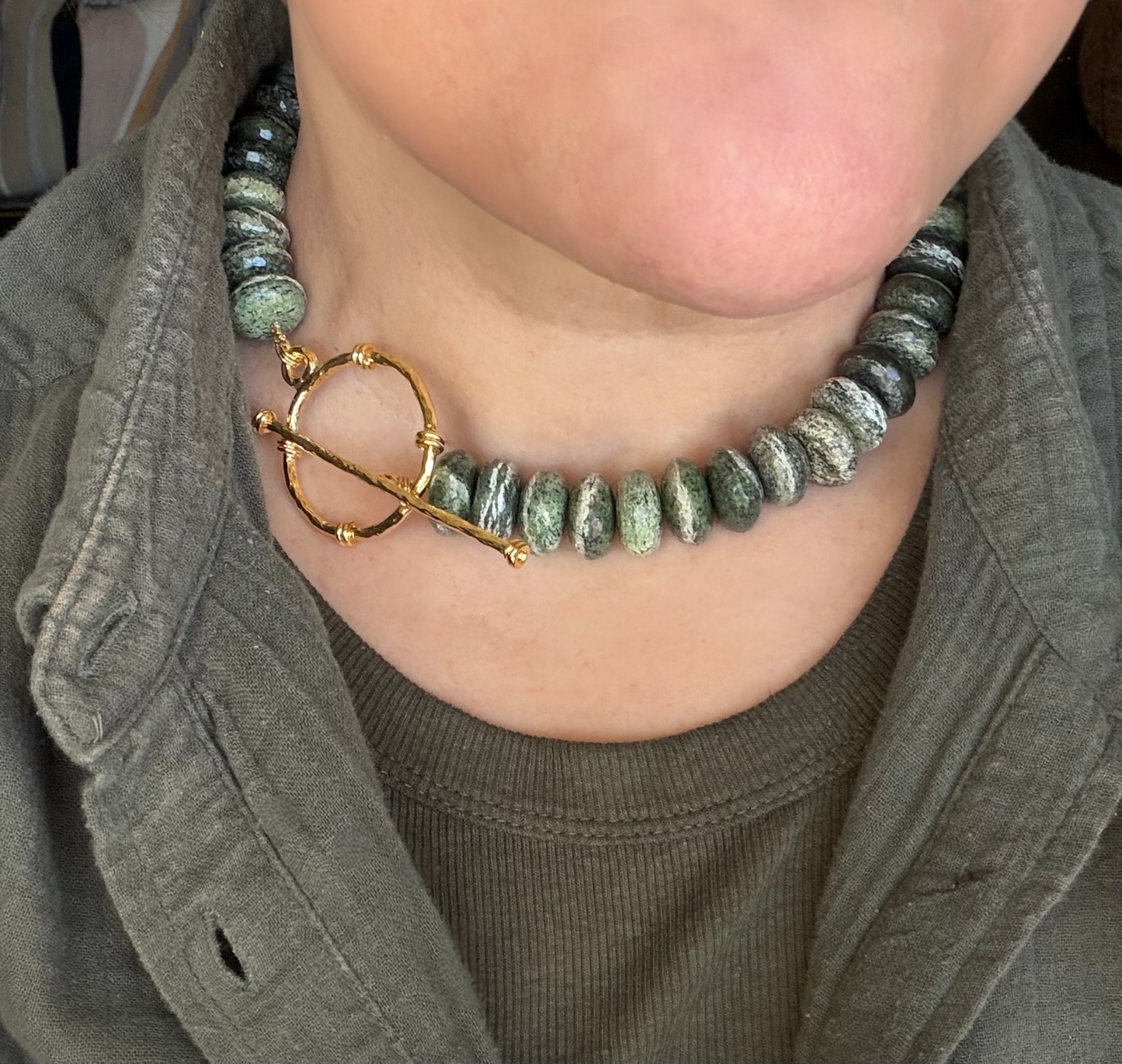 Brazilian Silver Leaf Serpentine Necklace: Stunning green gemstone beads•Oversized gold toggle clasp•OOAK