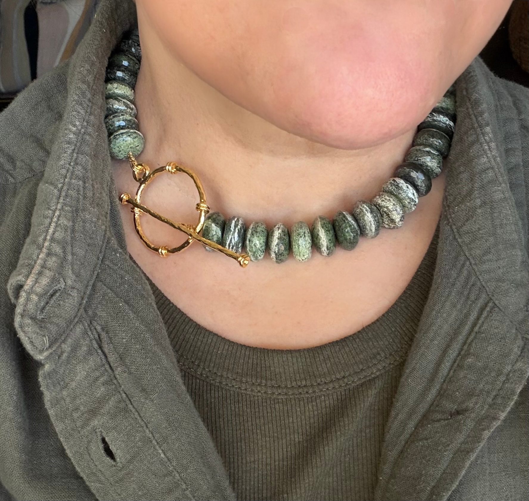 Brazilian Silver Leaf Serpentine Necklace: Stunning green gemstone beads•Oversized gold toggle clasp•OOAK