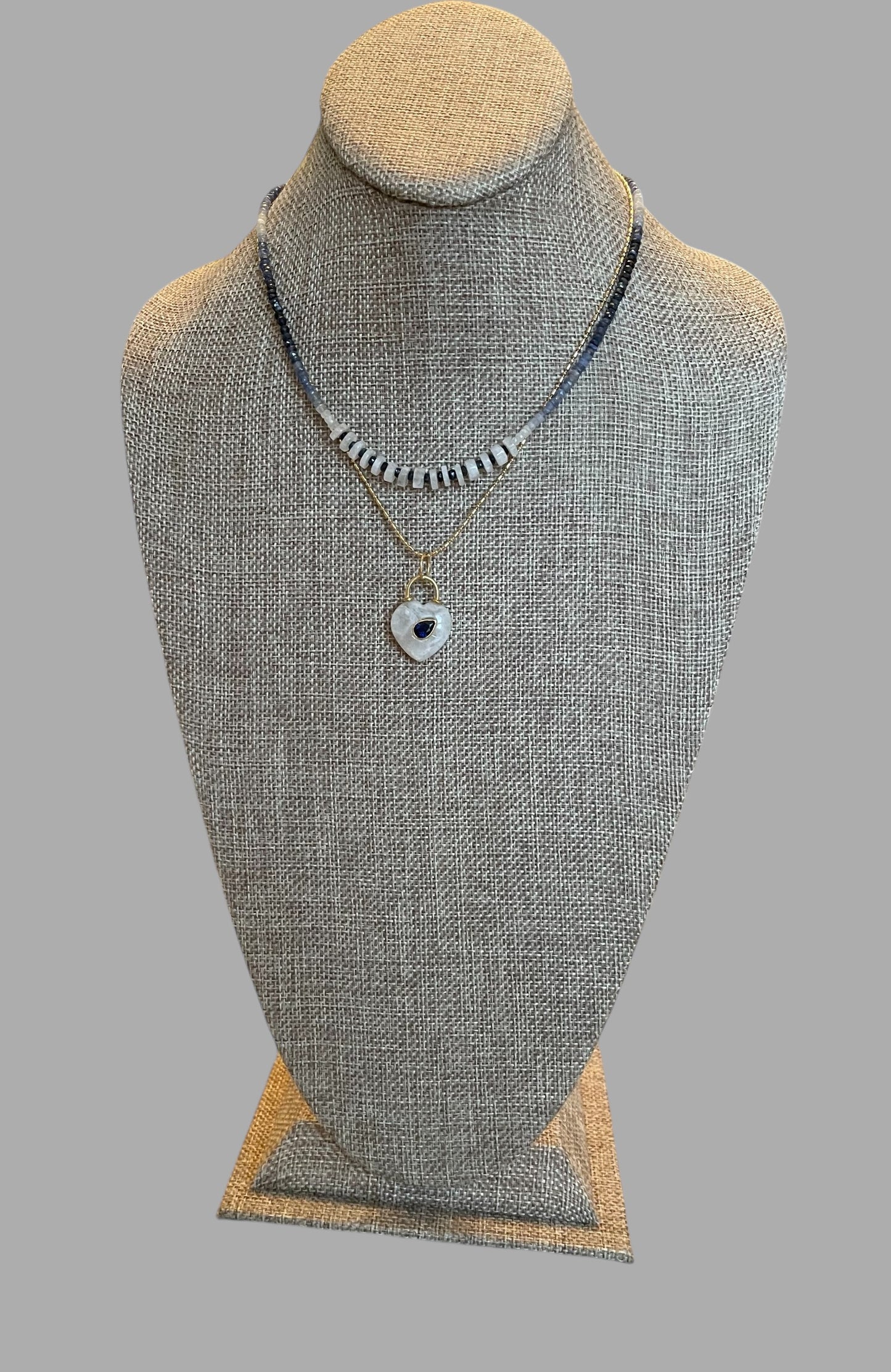 Moonlit Glow Necklace: Natural Moonstone Carved Heart Pendant w Blue CZ inset Gold Vermeil Chain OOAK