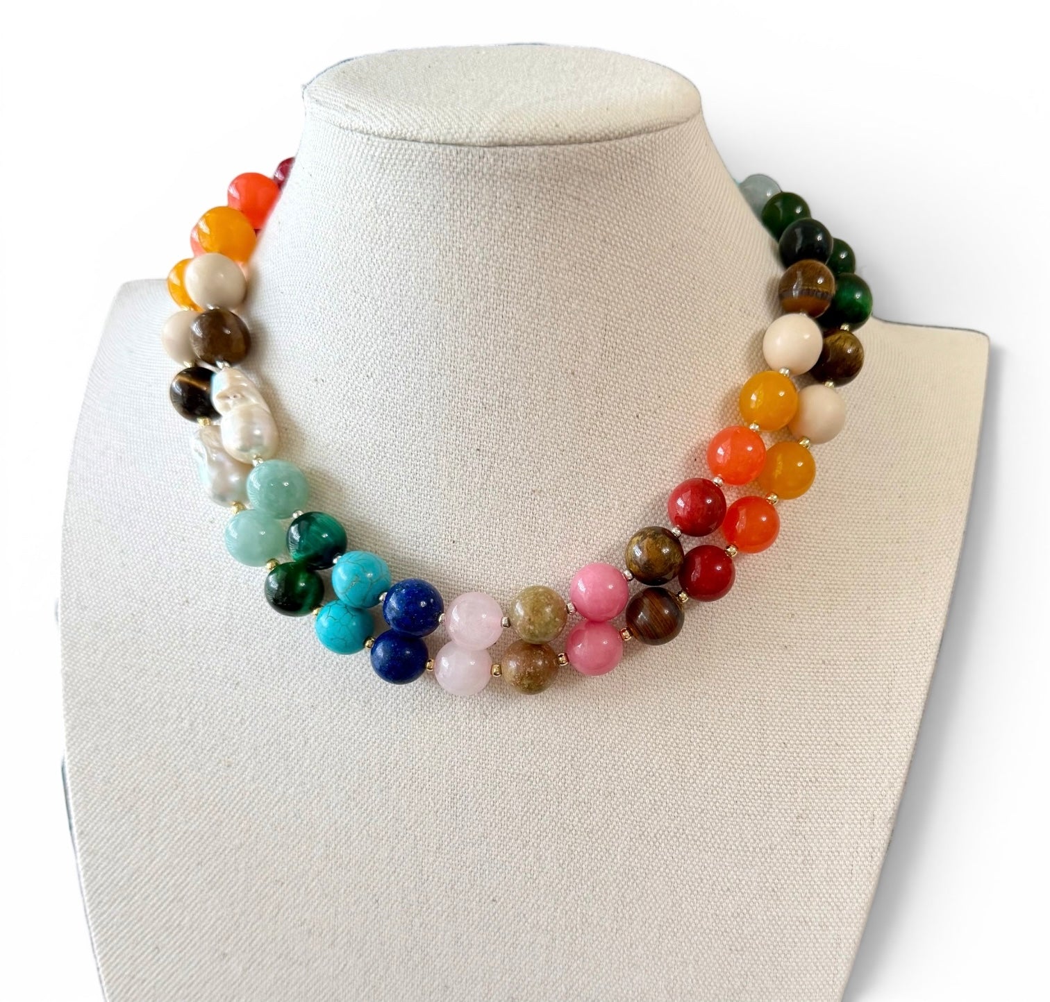 The Storyteller Necklace: Multi-Color Gemstones with a Baroque Pearl