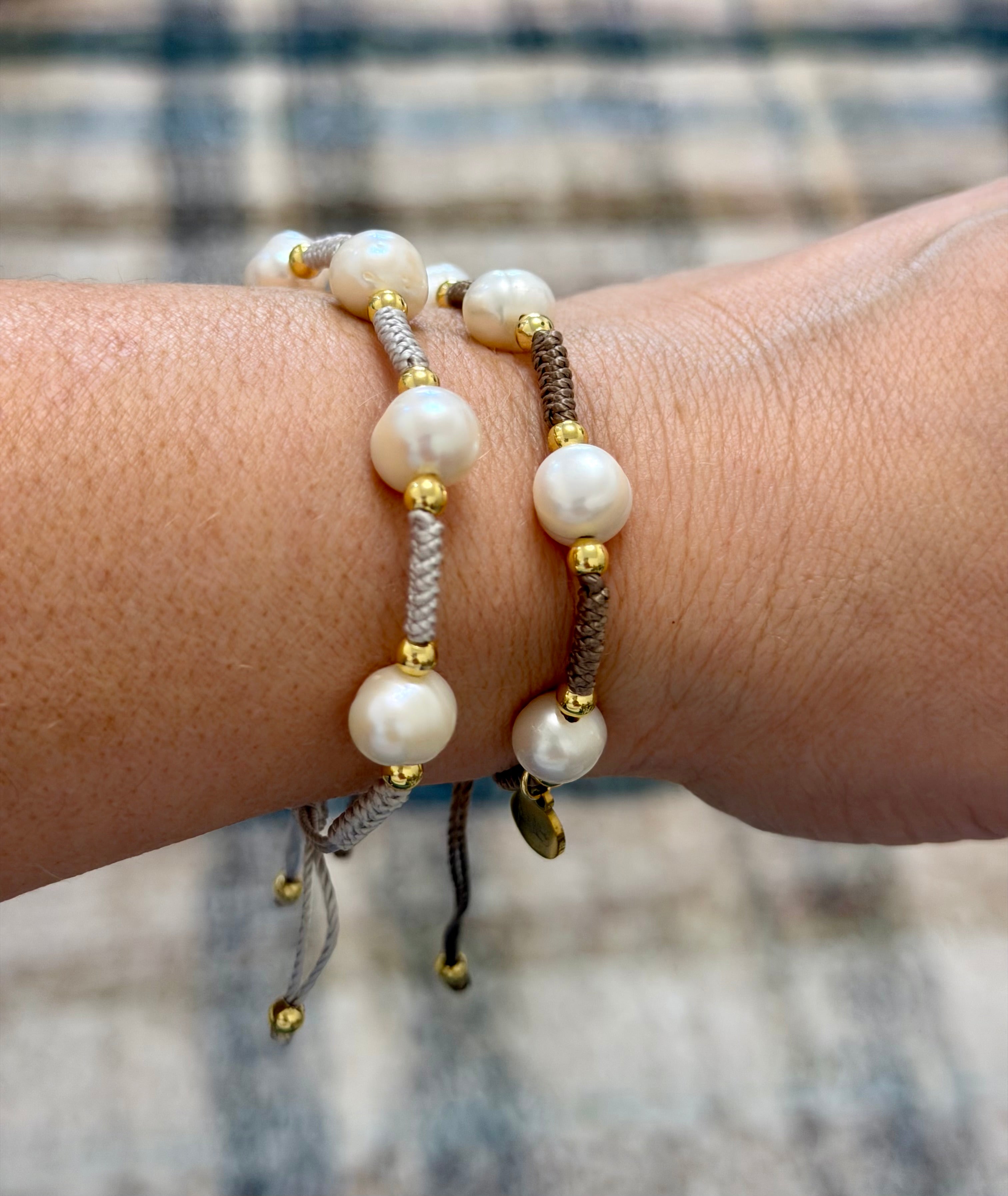 Quiet Luxury Bracelet: Freshwater Pearls, gold accents, hand woven and adjustable length