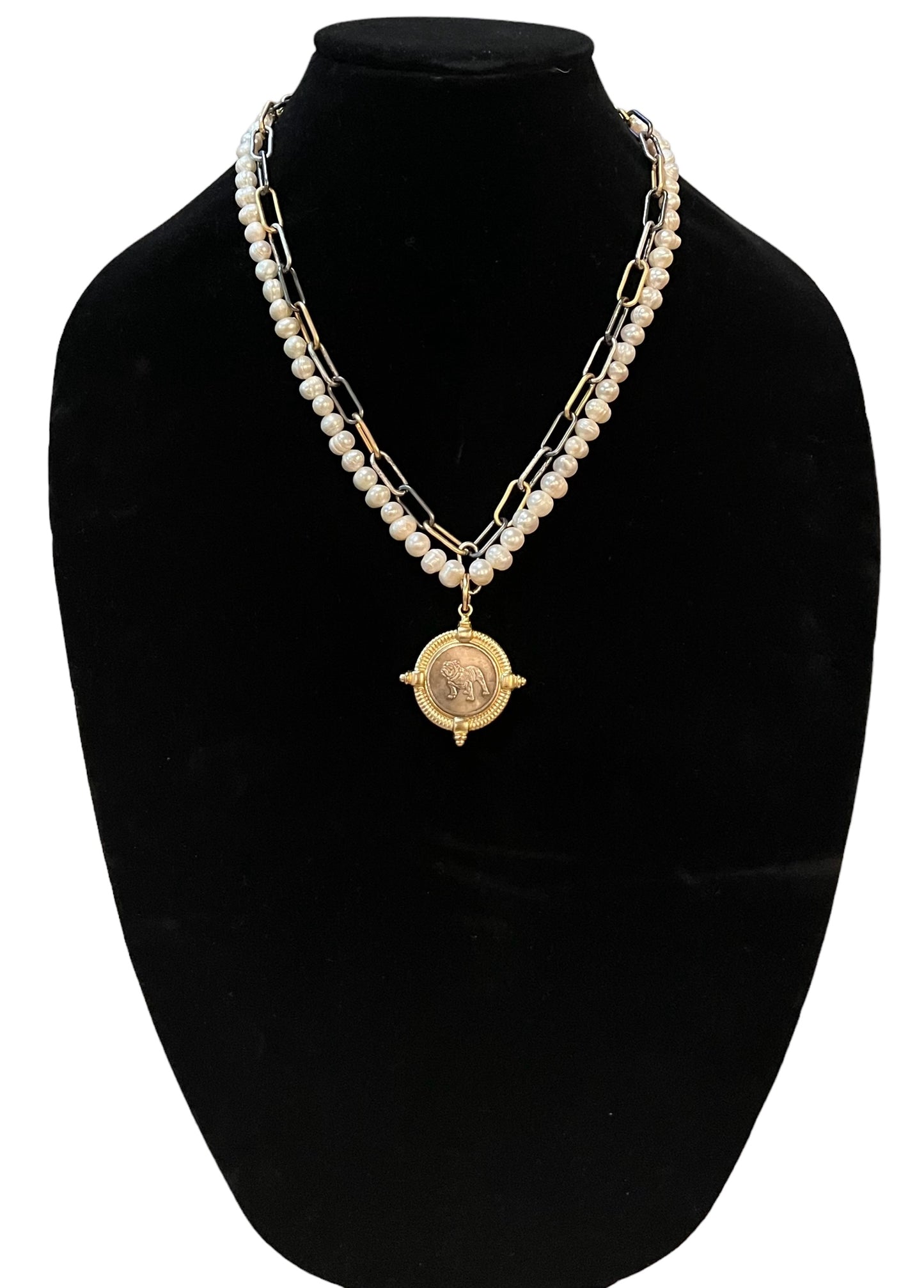 The Ugga Necklace: Pearl & Tri-tone chain (Gold Silver Gunmetal) with a beautiful gold and pewter Bulldog pendant, accented with hand-knotted authentic freshwater Pearls Lobster clasp