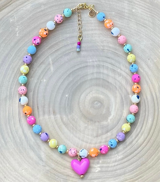 Color Confetti Necklace: Acrylic beads, gold spacer beads and a hot pink acrylic heart pendant