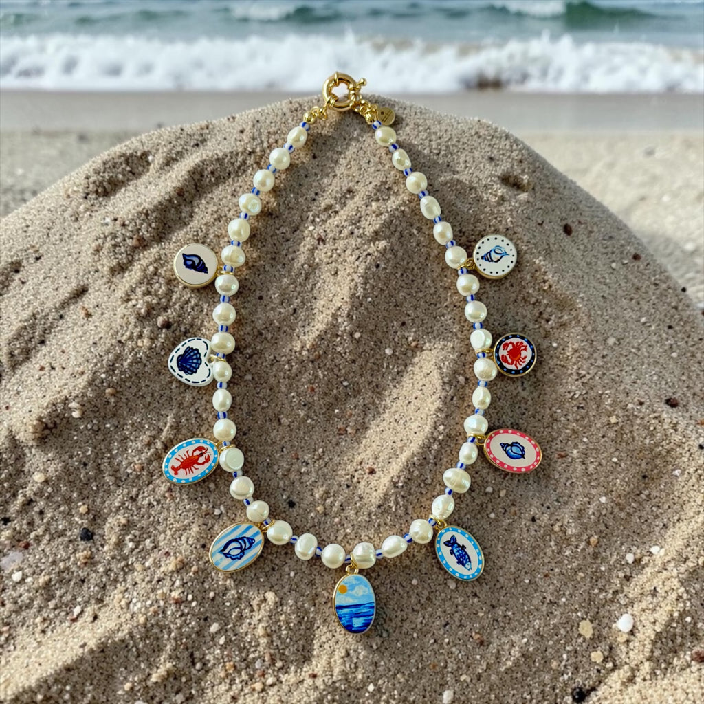 The Salt & Story Necklace: Freshwater Pearls, striped seed beads & Cloisonné charms OOAK