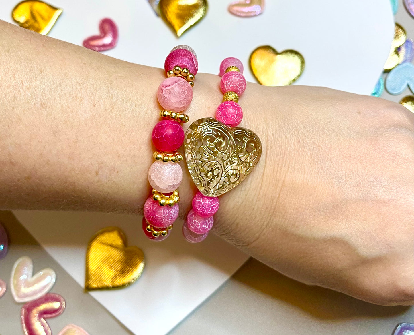 OOAK Ombré Hot Pink & Gold Stack (2) Hot pink ombré crackled glass beads with gold brass accent beads a puffy clear acrylic engraved heart bead