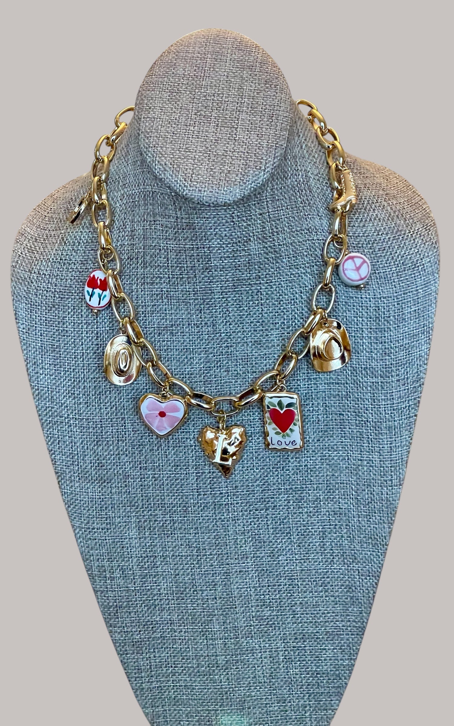 The Rachel Necklace: OOAK Thick gold chain w various fun gold plated charms in a pink and red theme